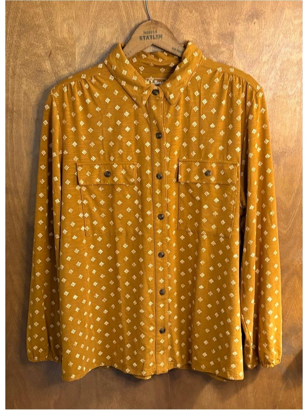 L.L. Bean Mustard Yellow Camden Hills Button Down Shirt Floral Damask XL Tencel